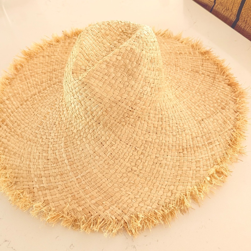 Jenni Kayne Beige Wide-Brimmed Straw Hat with Frayed Edges